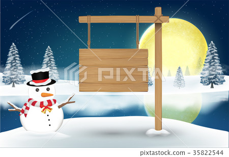 Snowman With Wood Board Sign On Night Winter Lake Stock