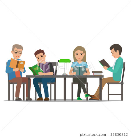 Cartoon People at Table Read Books. Library Room 35830812