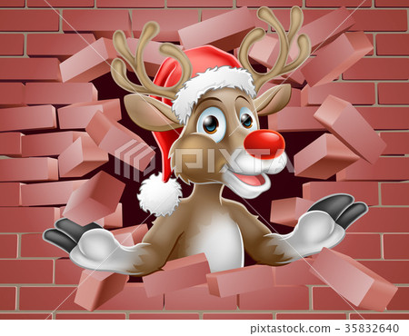 Santa Hat Reindeer Cartoon Breaking Brick Wall Santa Hat Reindeer Cartoon Breaking Brick Wall 35832640