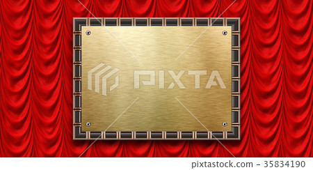 Bright and detailed gold metal nameplate on red stage curtain material background, front view (seamless connection, high resolution 3D CG rendering ∕ coloring insert Bright and detailed gold metal nameplate on red stage curtain material background, front view (seamless connection, high resolution 3D CG rendering ∕ coloring insert 35834190