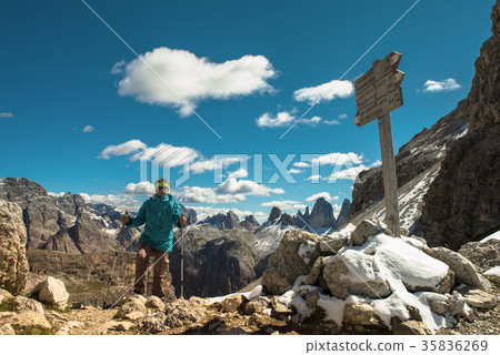 Hiker enjoying view from top of mountain Hiker enjoying view from top of mountain 35836269