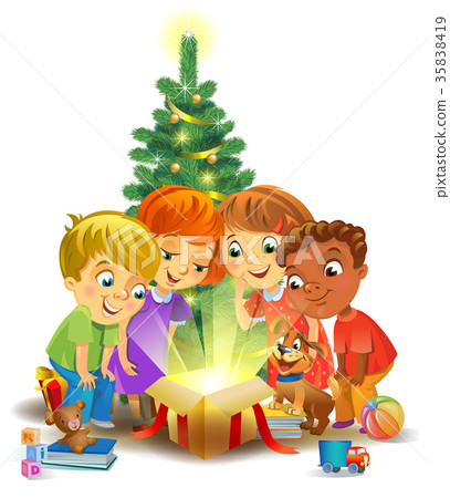 Christmas miracle - kids opening a magic gift 35838419