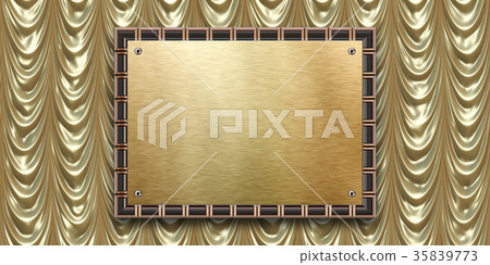 Vibrant and detailed gold metal nameplate on the golden stage curtain material background, front view (seamless connection, high resolution 3D CG rendering ∕ coloring insert Vibrant and detailed gold metal nameplate on the golden stage curtain material background, front view (seamless connection, high resolution 3D CG rendering ∕ coloring insert 35839773
