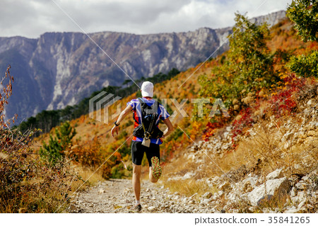 back male runner running mountain trail back male runner running mountain trail 35841265