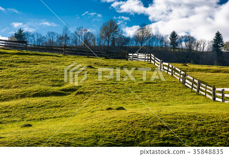 wooden fence on grassy hillside in autumn 35848835