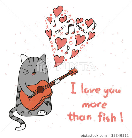 Cute cartoon cat in love. Doodle singing cat - Stock Illustration  [35849311] - PIXTA