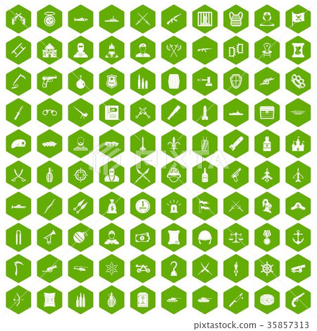 100 weapons icons hexagon green 35857313