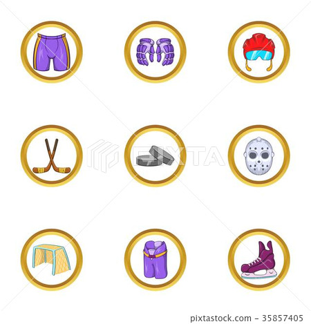 Hockey equipment icon set, cartoon style Hockey equipment icon set, cartoon style 35857405