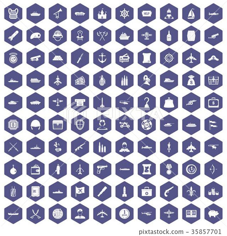 100 combat vehicles icons hexagon purple 35857701
