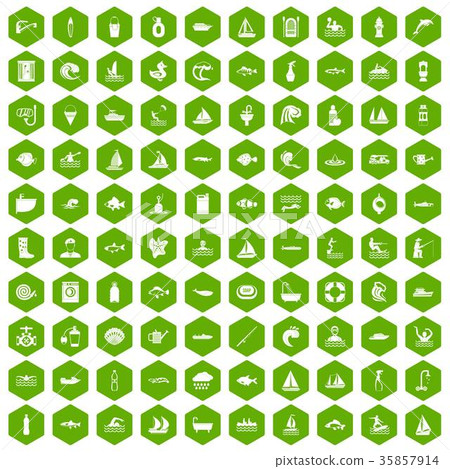 100 water icons hexagon green 35857914