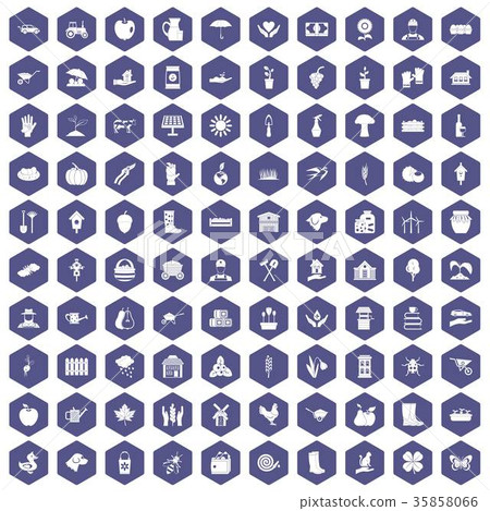 100 farm icons hexagon purple 35858066