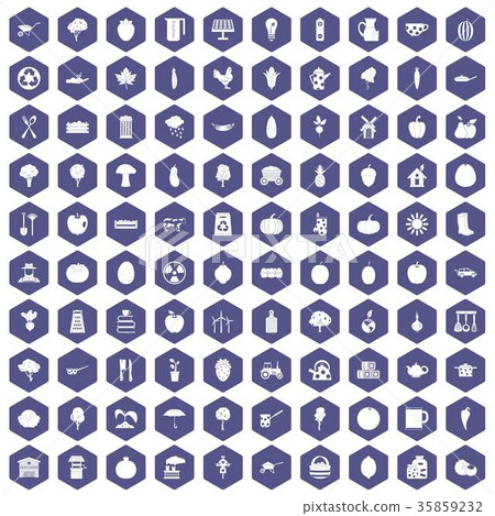 100 health food icons hexagon purple 35859232