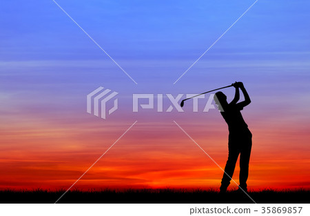 silhouette golfer playing golf at beautiful sunset 35869857