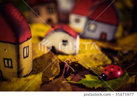 Fairytale dwarf houses and a ladybug on leaves 35873977
