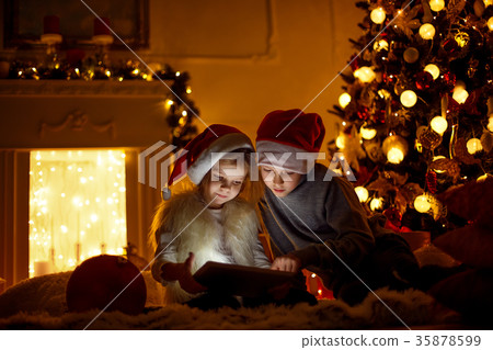 Excited children near Christmas tree Excited children near Christmas tree 35878599