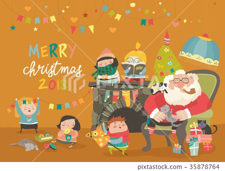 Cartoon Santa Claus with kids and gifts 35878764