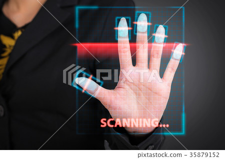Businesswoman pressing scan bar code technology. 35879152