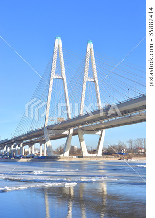 Cable stayed bridge at winter. Cable stayed bridge at winter. 35882414