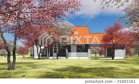 summer cottage in the spring garden 3d rendering summer cottage in the spring garden 3d rendering 35883161