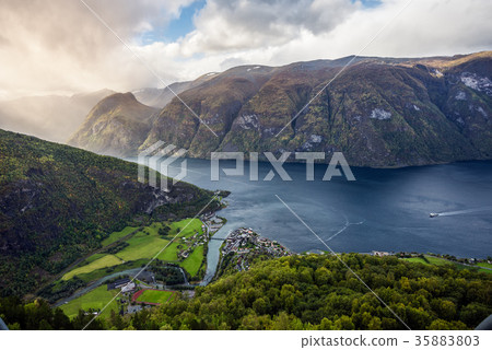 Aurland and Aurlandsfjord in the mist, Sogn og Aurland and Aurlandsfjord in the mist, Sogn og 35883803