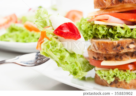 Ham and cheese sandwiches on plate Ham and cheese sandwiches on plate 35883902