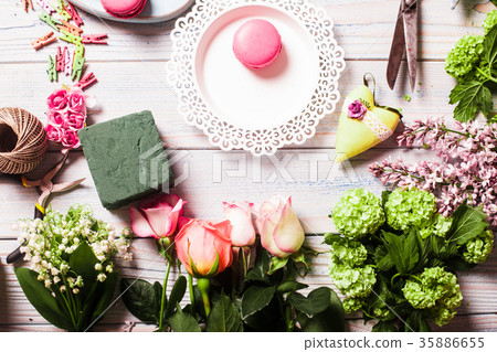 Box with flowers and macaroons Box with flowers and macaroons 35886655