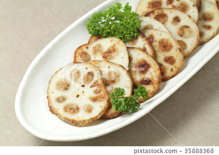 Lotus root stuffed with meat, vegetables and minced meat in a frying pan Lotus root stuffed with meat, vegetables and minced meat in a frying pan 35888368