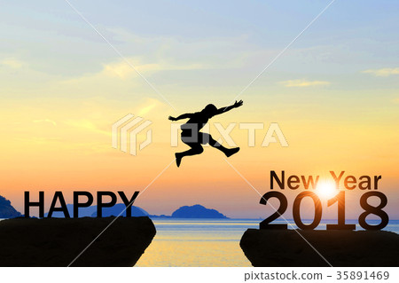 Men jump over silhouette Happy New Year 2018 35891469