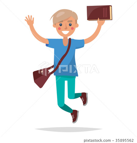Jumping Blond Boy Student with Book Illustration Jumping Blond Boy Student with Book Illustration 35895562