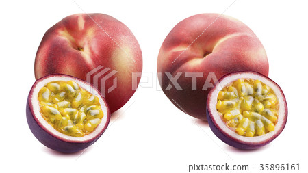 Peach and passion fruit set isolated on white Peach and passion fruit set isolated on white 35896161