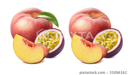 Peach with green leaf and passion fruit isolated Peach with green leaf and passion fruit isolated 35896162