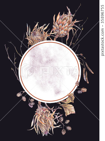 Watercolor botanical round frame, Flowers protea - Stock Illustration ...