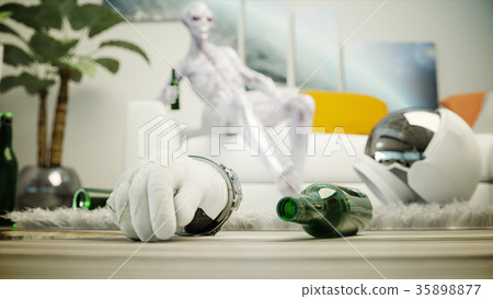 Funny alien with beer sit on sofa. Relax. Alien 35898877