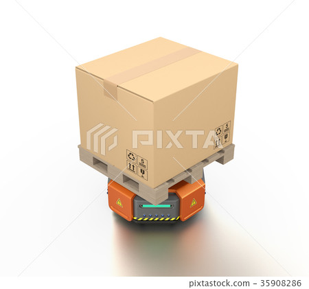 Image of an automatic transport robot carrying a cardboard box 35908286