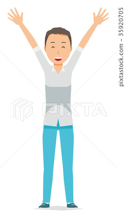 Illustration of a man wearing a short sleeved shirt raising both hands Illustration of a man wearing a short sleeved shirt raising both hands 35920705