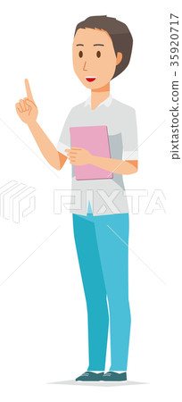 Illustration of a man wearing a short sleeved shirt pointing at a file Illustration of a man wearing a short sleeved shirt pointing at a file 35920717