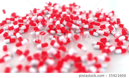 Red and white drug capsules fall on the table, 3D 35921608