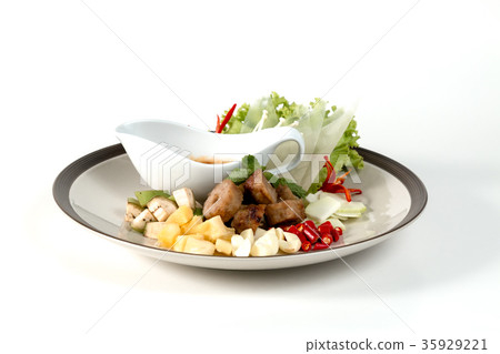 Grilled pork balls with condiment and Peanut Sauce Grilled pork balls with condiment and Peanut Sauce 35929221