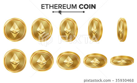 Ethereum Coin 3D Gold Coins Vector Set. Realistic - Stock Illustration ...