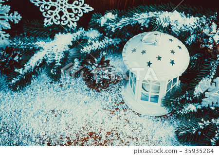 Christmas lantern with lit by candles, Christmas 35935284