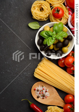 Pasta, vegetables, herbs, spices for Italian food. 35936715