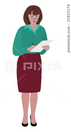 Female teacher makes notes in a notebook. Female teacher makes notes in a notebook. 35937279