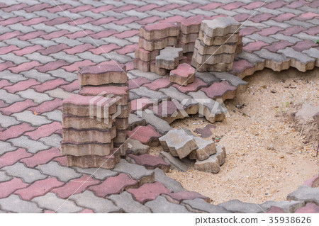 Broken footpath sand ground collapse potholes 35938626