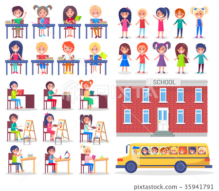 Children During Lessons and Ride in School Bus 35941791