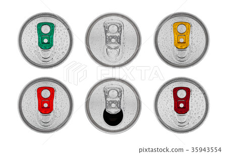 Aluminium soda drink tins top view with dew drops 35943554