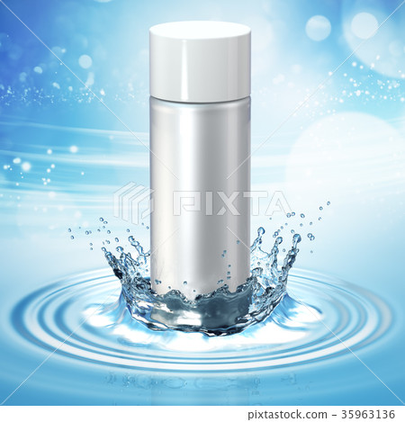White cosmetic products with water splash on cyan White cosmetic products with water splash on cyan 35963136