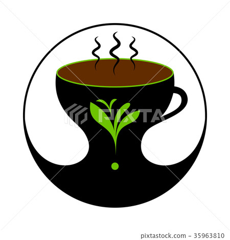 Hot Black Tea in Cup with Steam. Tea Label, Sign. 35963810