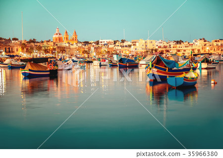 european harbor with maltese yacht and boat luzzu 35966380
