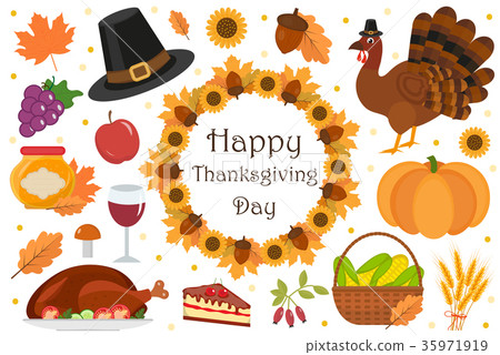 Happy Thanksgiving Day Icon Set, Flat, Cartoon - Stock Illustration  [35971919] - Pixta