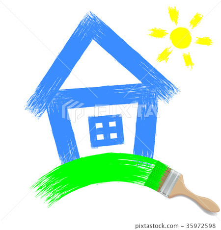 paintbrush painting a house on a white background paintbrush painting a house on a white background 35972598